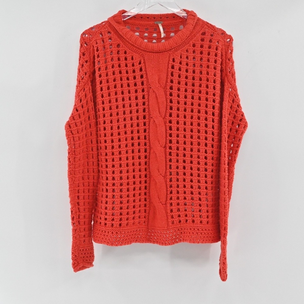 Free People Crochet Cable Knit Sweater Womens Sz S Red Boho Open Fisherman Boxy